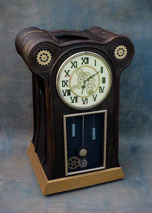 Beauty and the Beast Cogsworth transformation clock costume hire on wheels
